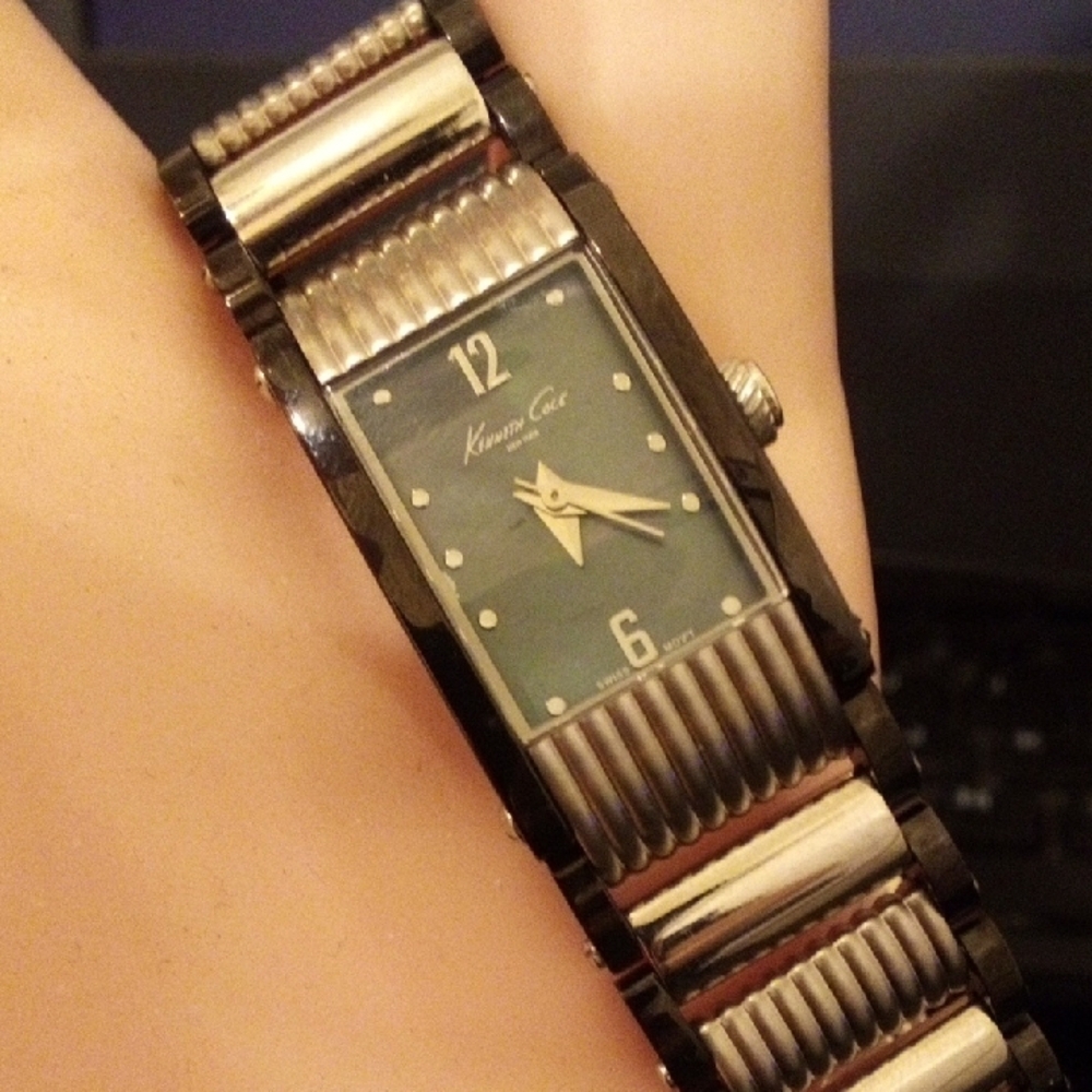 Kenneth Cole Two-Tone Silver and Black Rectangular Dial Bracelet Watch - Picture 2 of 7